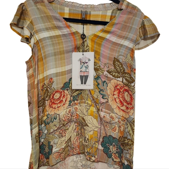 NWT BL^NK LONDON ZUKIC SHORT SLEEVE PASTEL PLAID FLORAL TUNIC TOP S - Picture 4 of 6